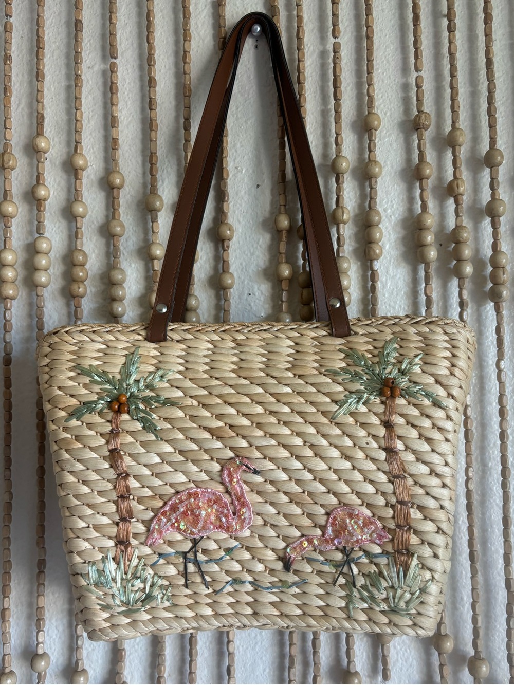Vintage Cappelli Strawworld Flamingo Palm Tree Embroidered Tote Purse Beach Y2K